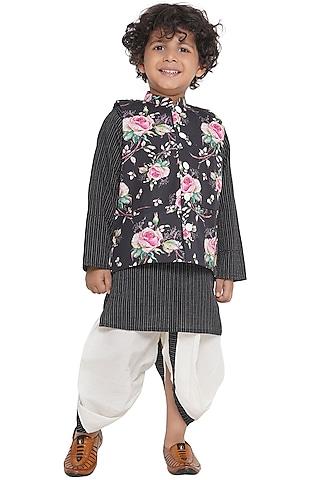 black cotton floral printed nehru jacket set for boys