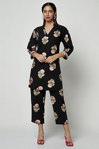 black cotton floral printed shirt style kurta set