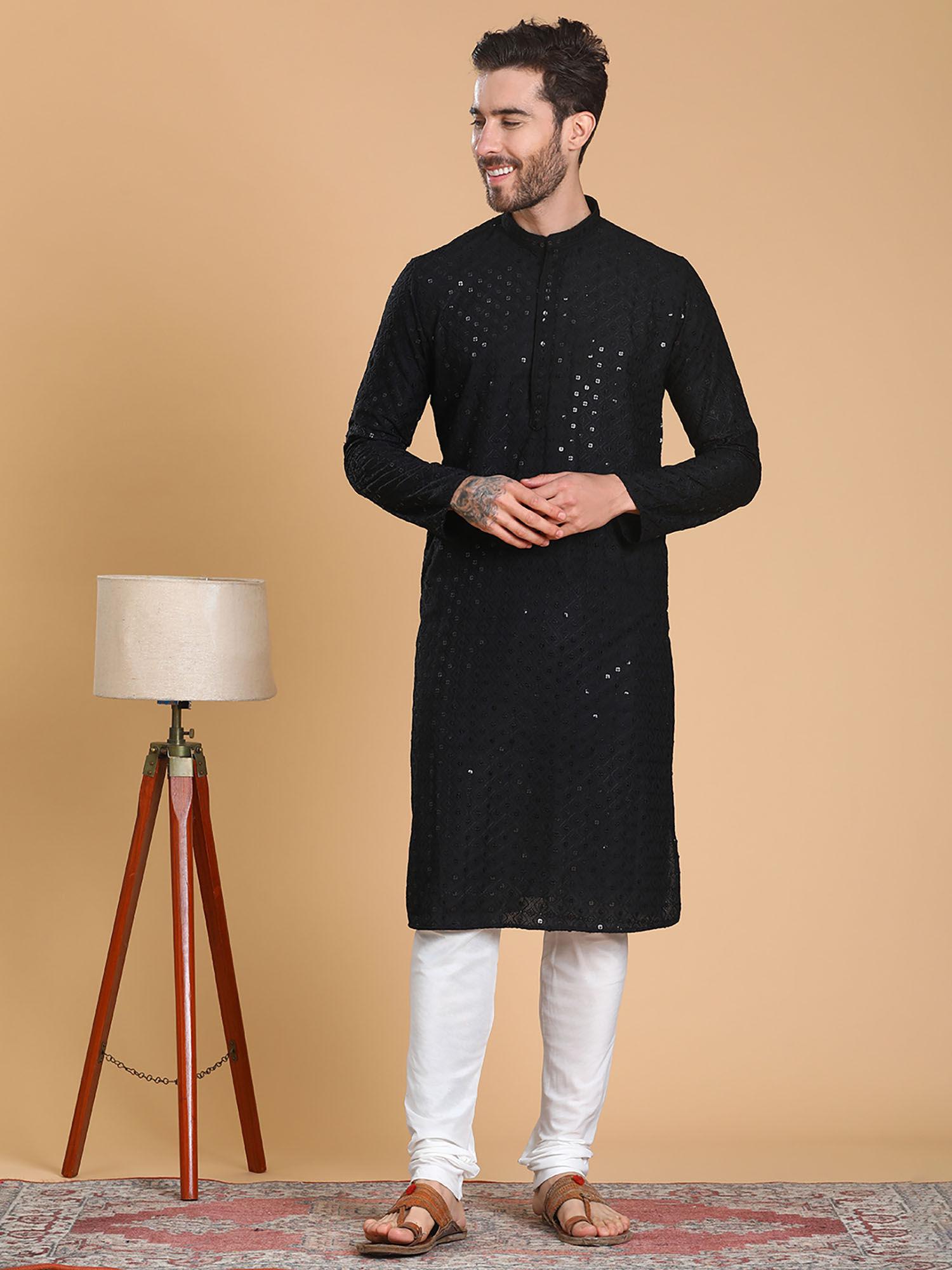 black cotton full sleeve regular fit kurta for men