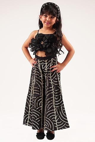 black cotton gota lace & 3d floral embroidered jumpsuit for girls