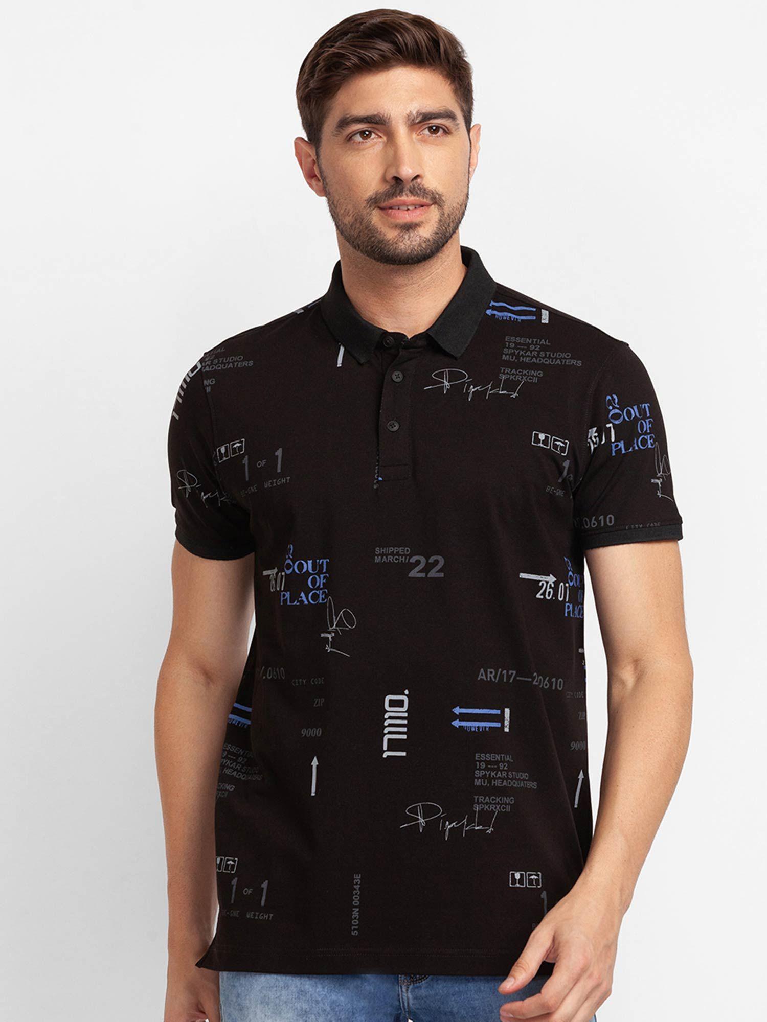 black cotton half sleeve printed casual polo t-shirt for men