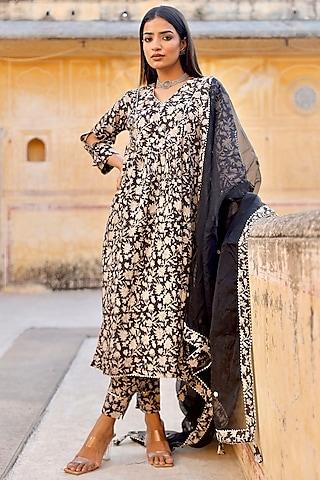 black cotton hand block printed kurta set