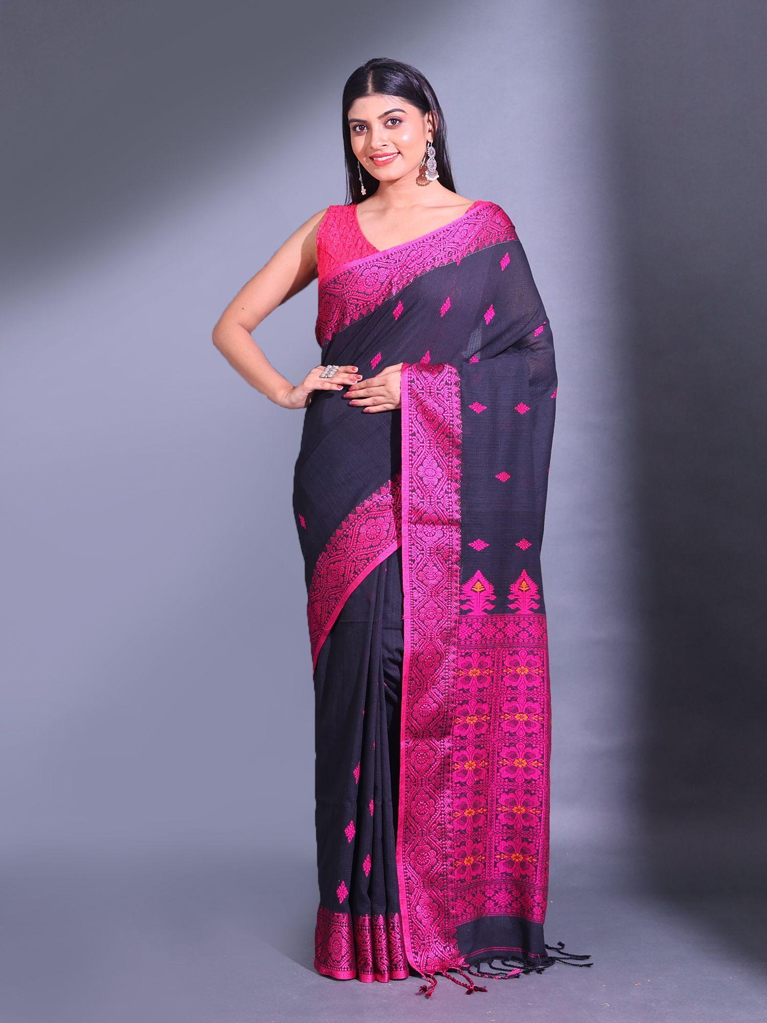 black cotton handwoven nakshi pattern saree with unstitched blouse