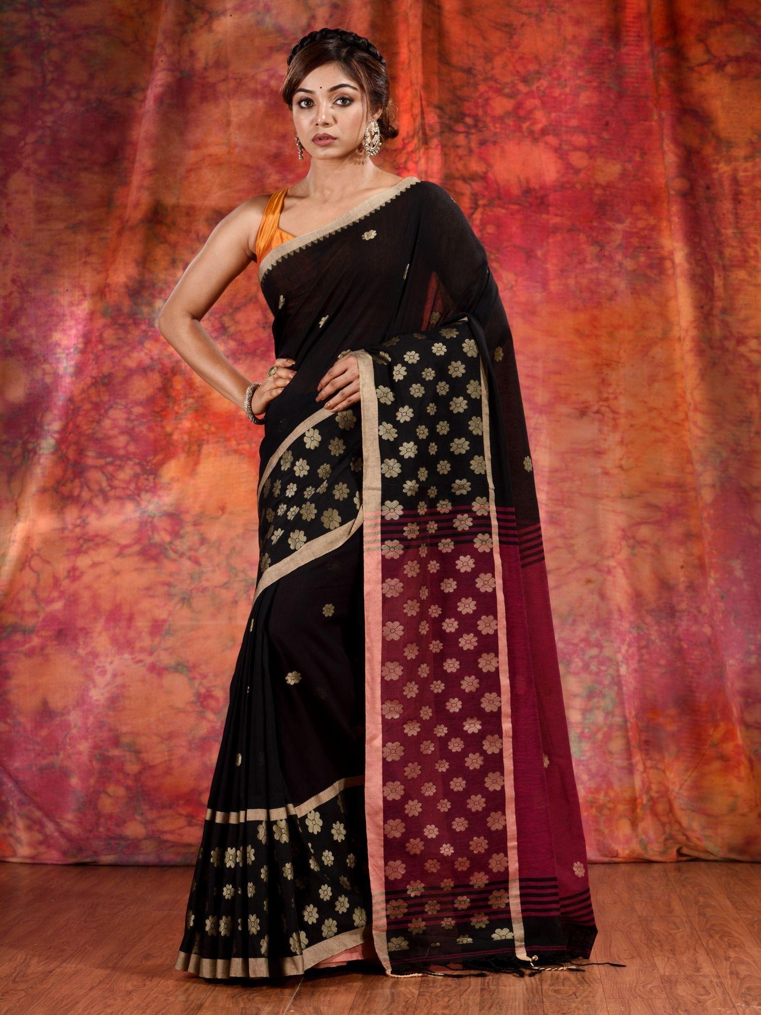 black cotton handwoven soft saree with floral border and unstitched blouse