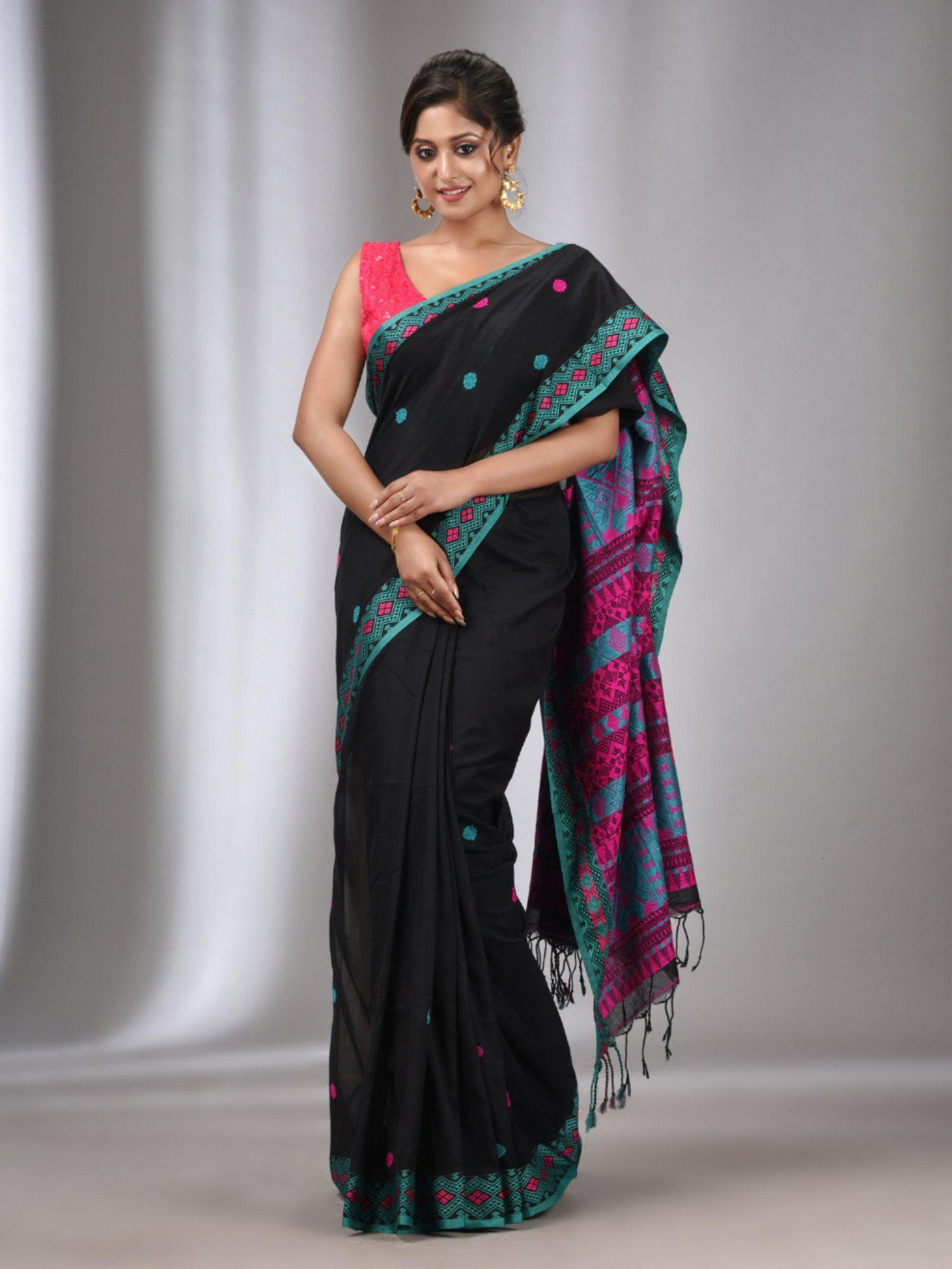 black cotton handwoven soft saree with texture border with unstitched blouse