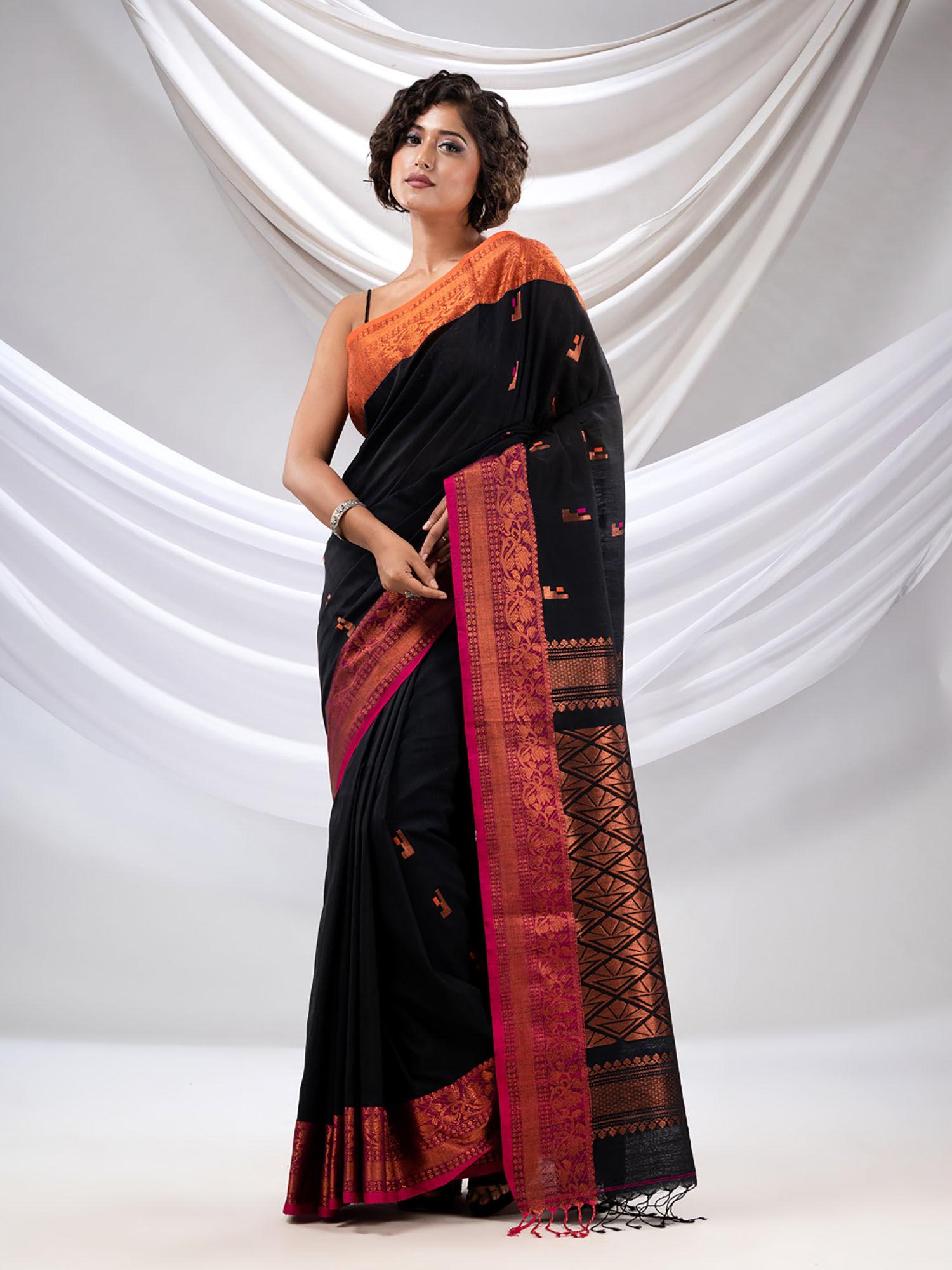 black cotton handwoven soft saree with zari woven nakshi borders with unstitched blouse