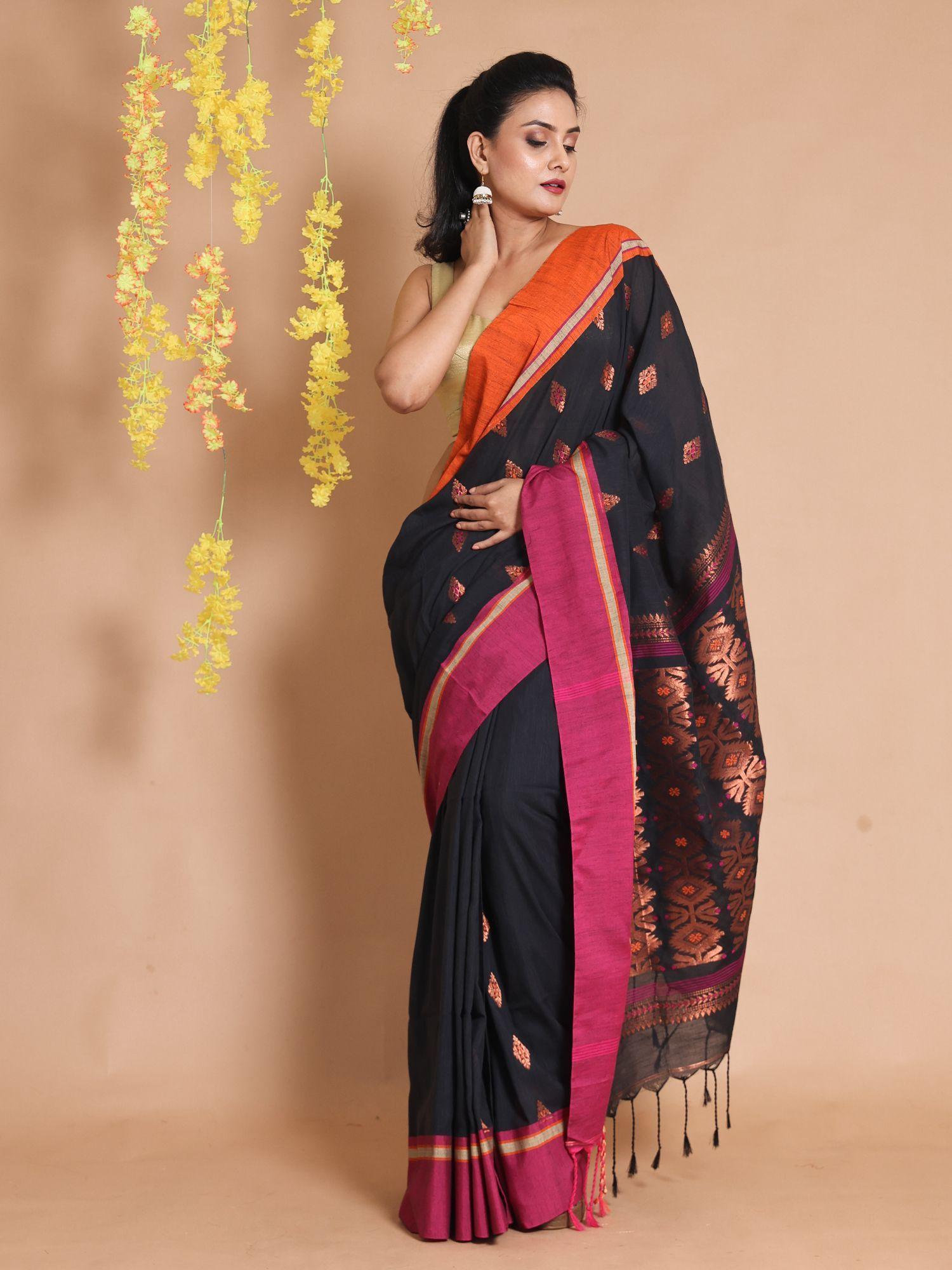 black cotton handwoven zari ethnic motifs & dual borders saree with unstitched blouse