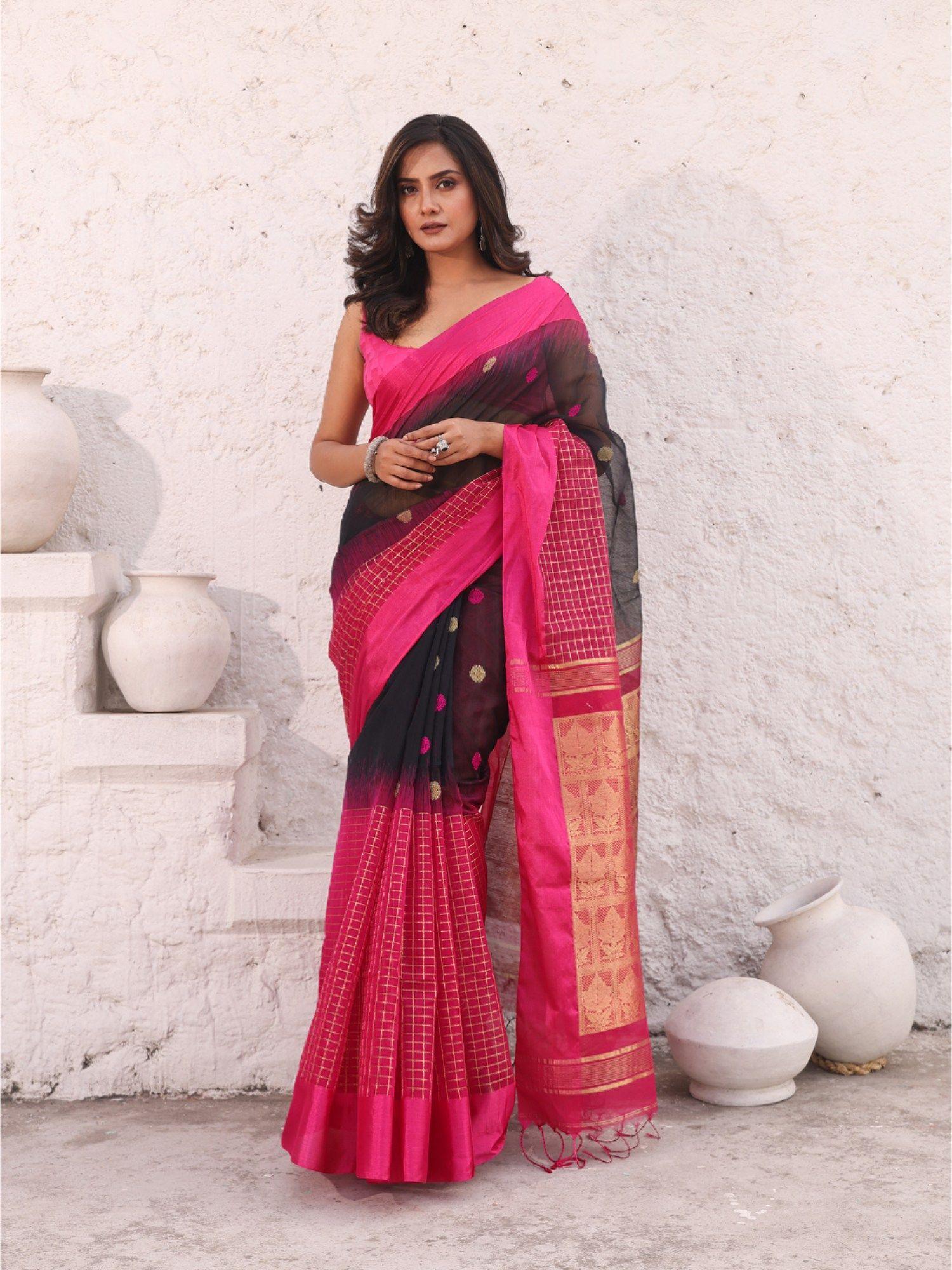 black cotton ikkat style soft saree with unstitched blouse