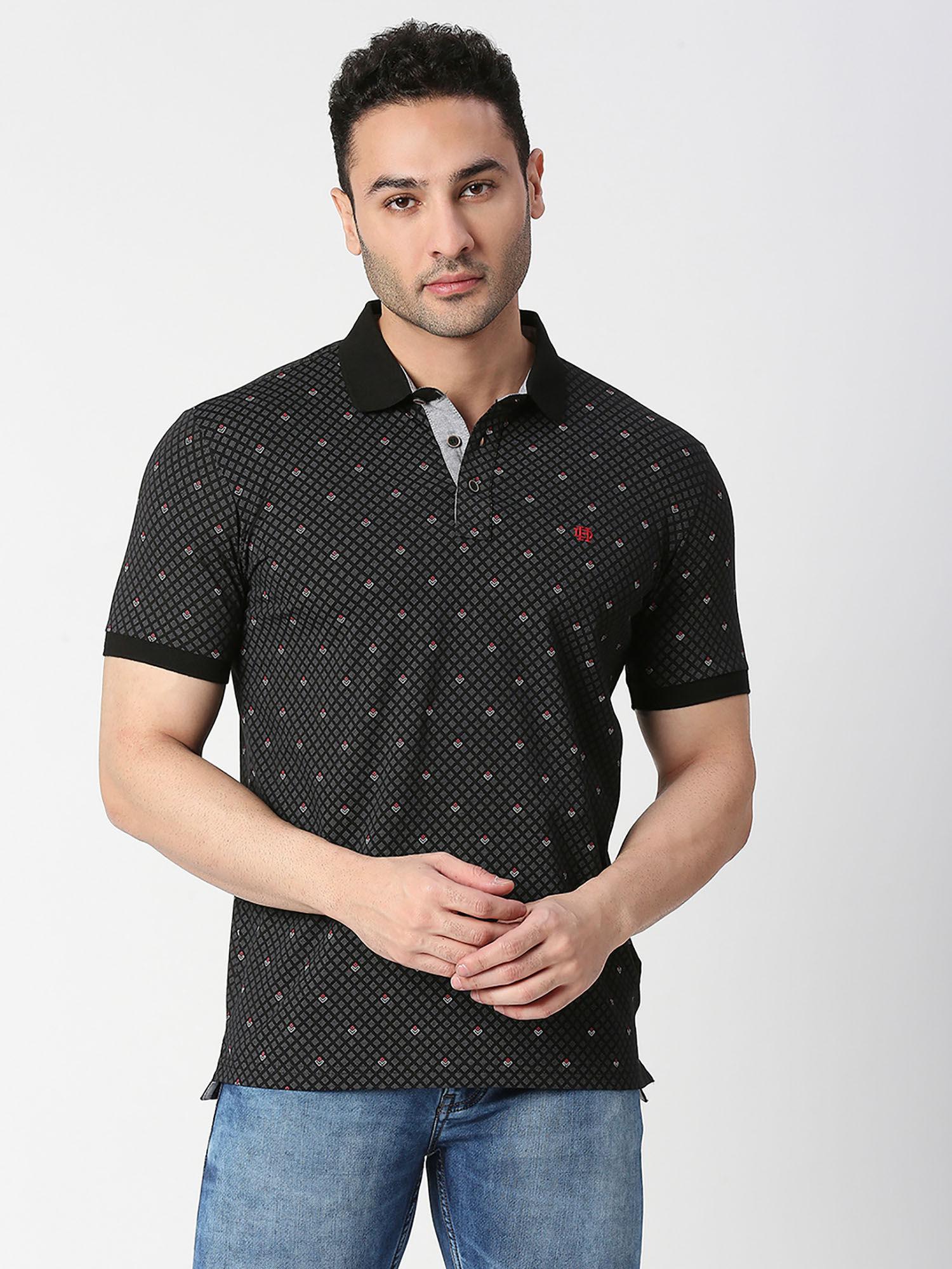 black cotton jersey lycra printed polo t-shirt