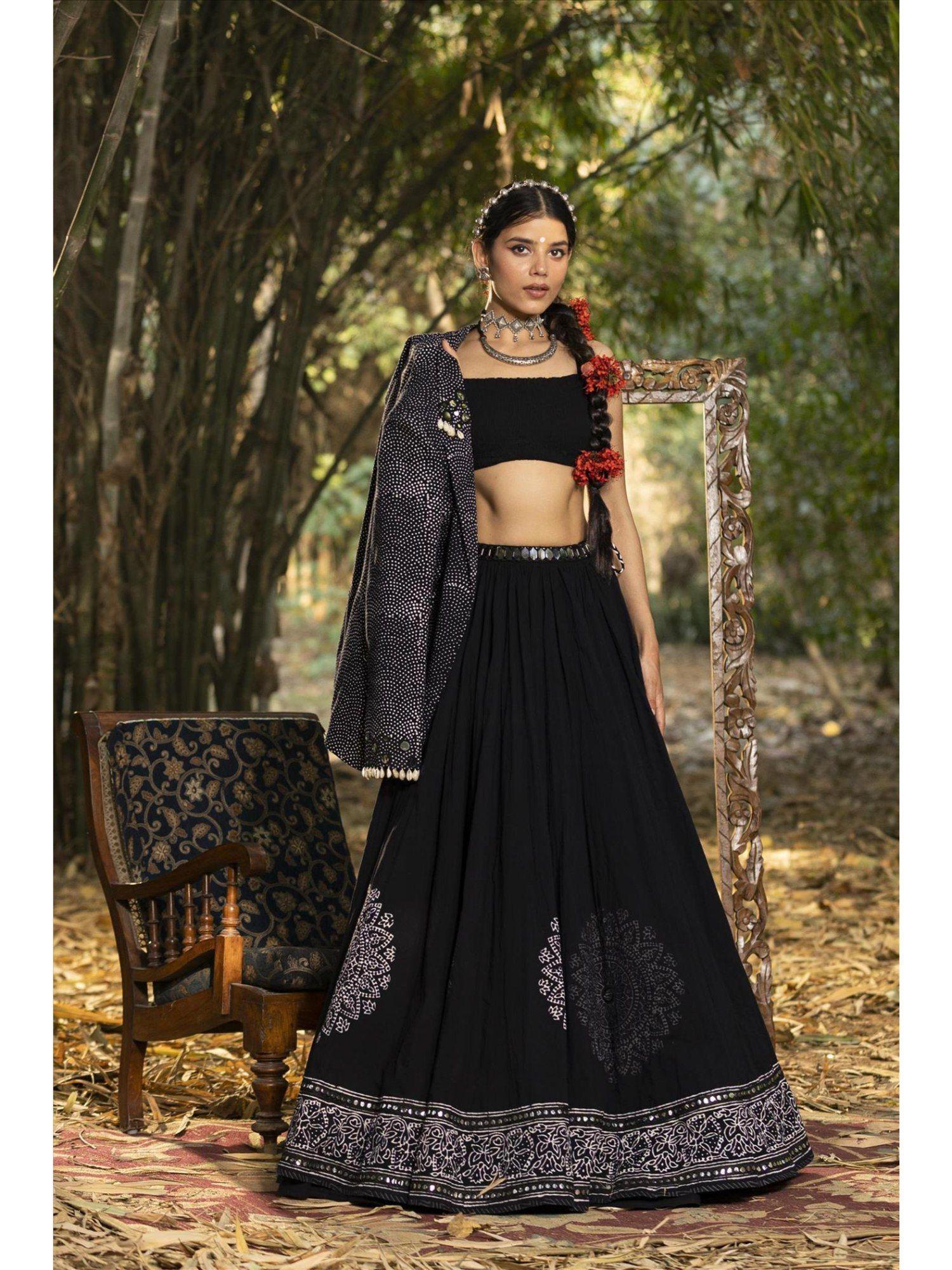 black cotton kutch embroidery fusion jacket lehenga (set of 3)