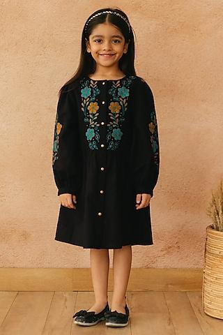 black cotton linen embroidered dress for girls