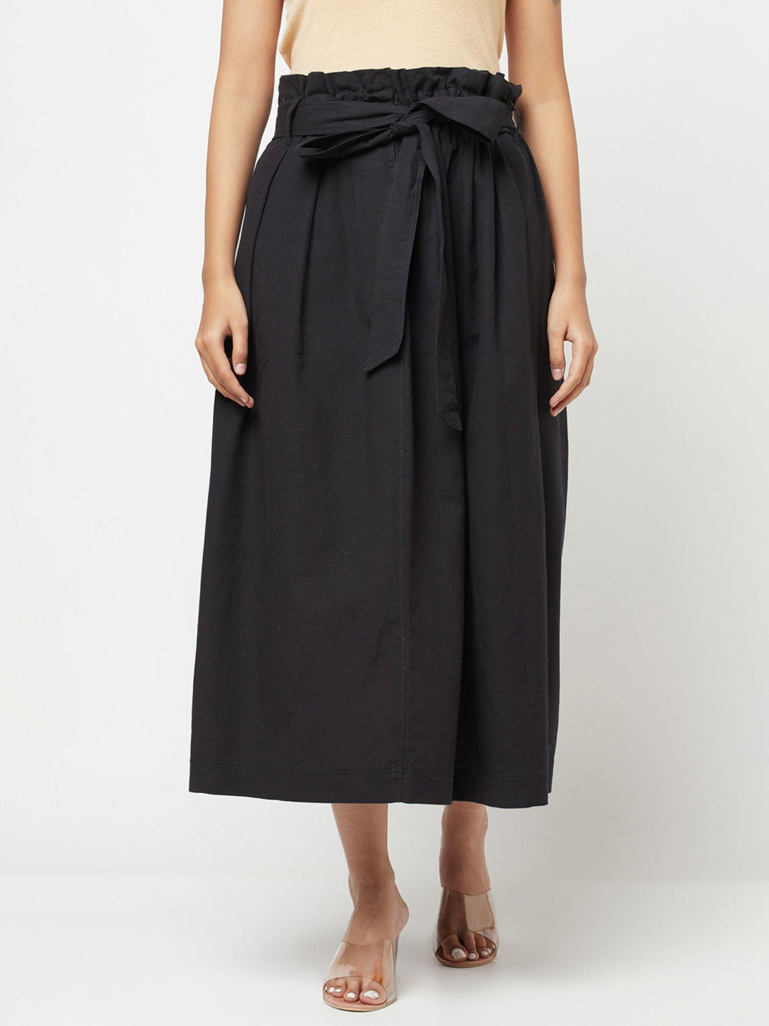black cotton linen flax solid skirt
