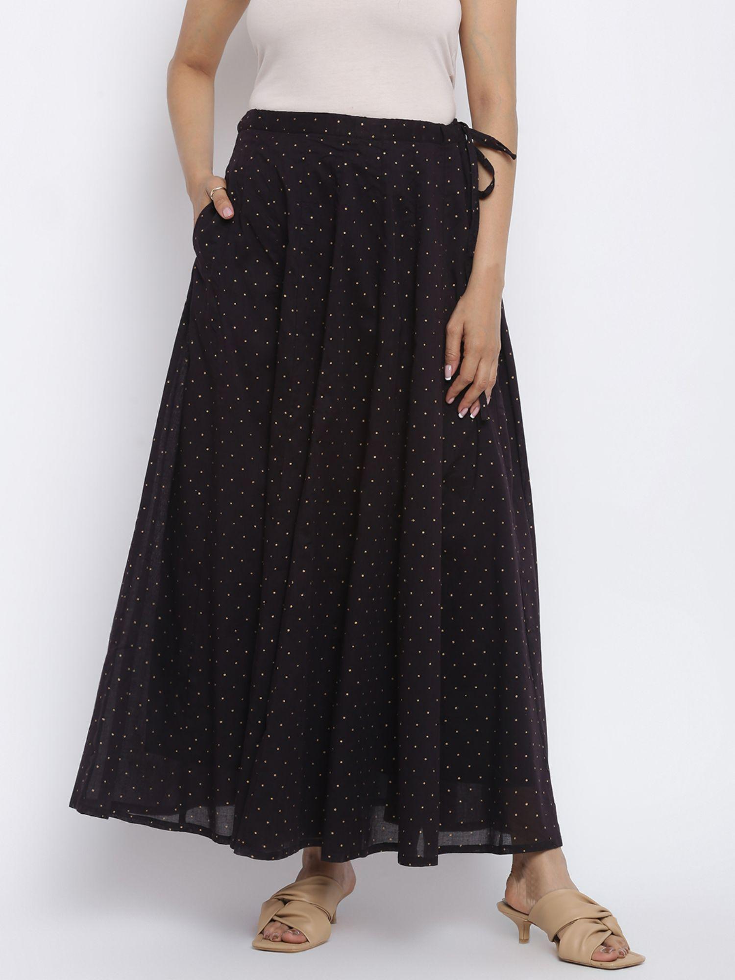 black cotton mull khari dot printed drawstring long skirt