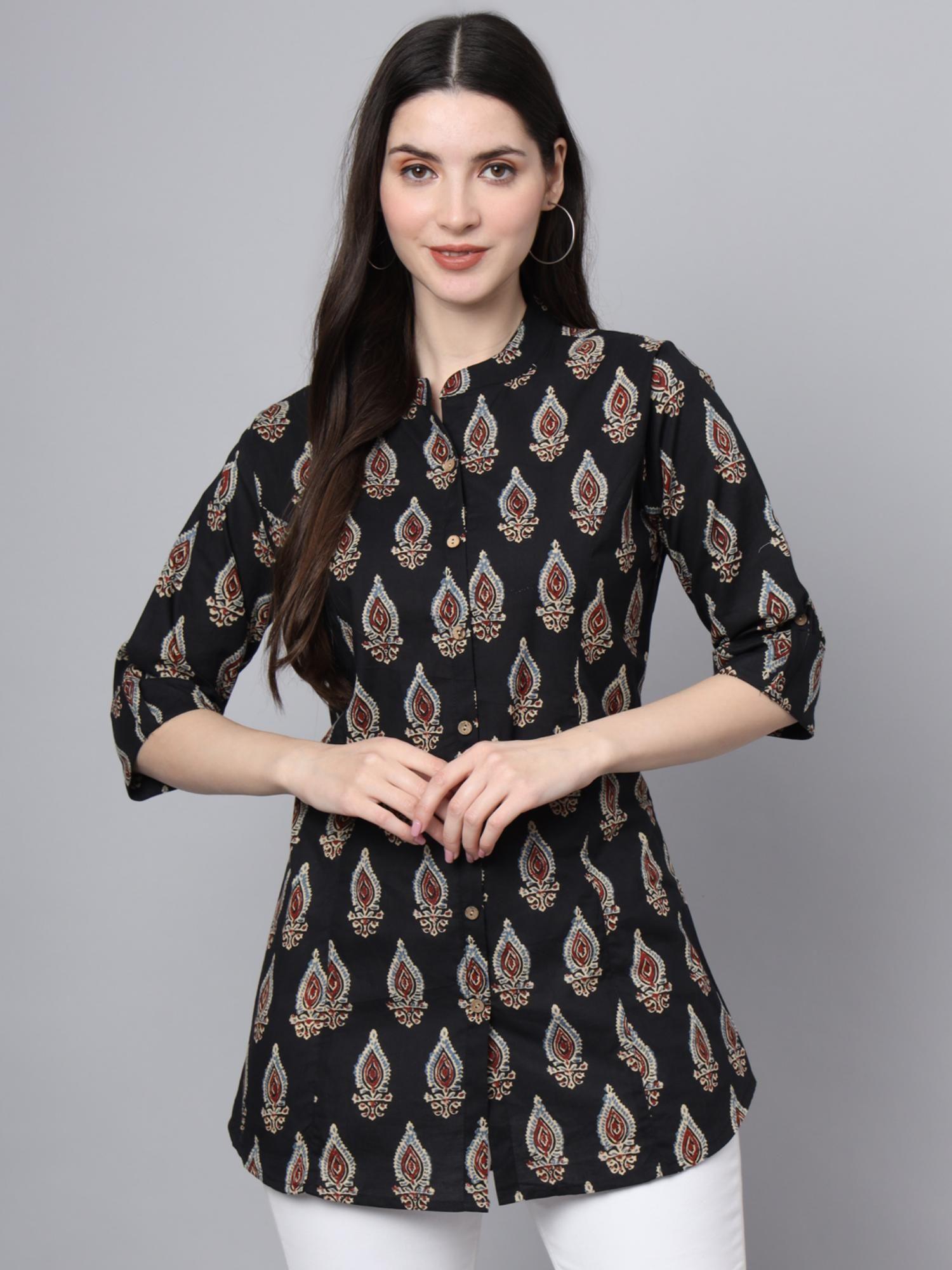 black cotton paisley print shirt style top