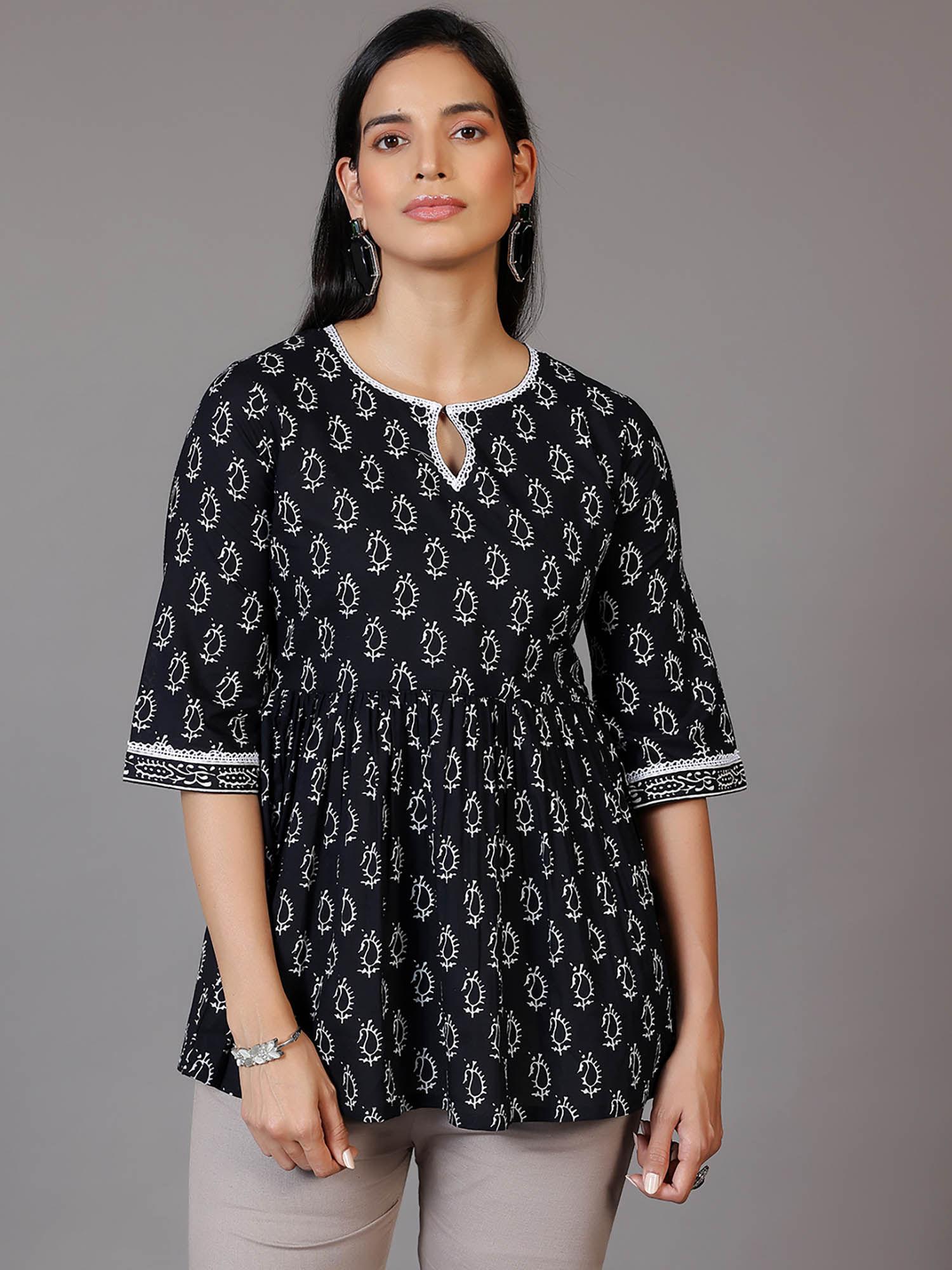 black cotton paisley printed a-line tunic