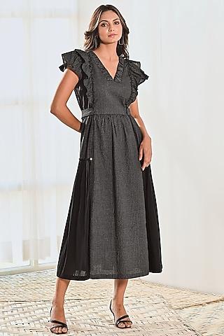 black cotton pleated midi dress