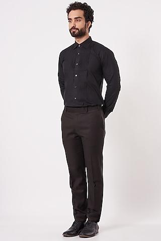 black cotton pleated tuxedo shirt