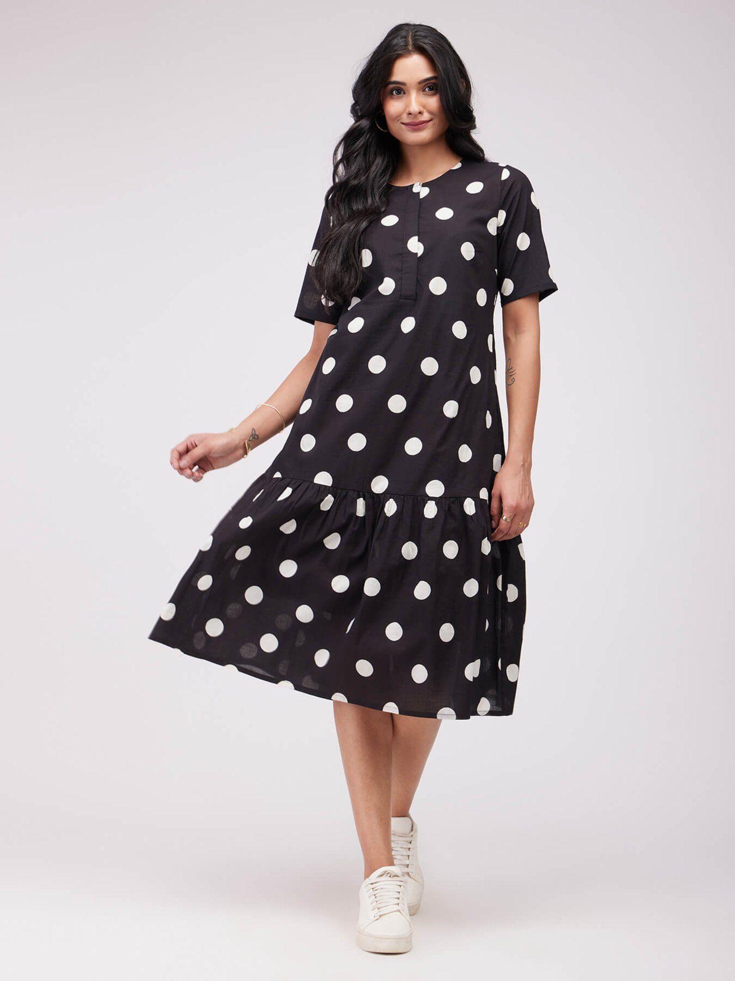 black cotton polka gathered dress