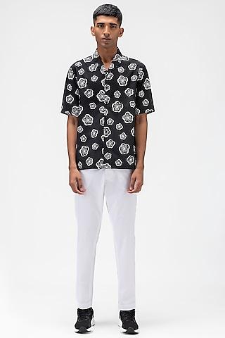 black cotton poplin printed cuban shirt