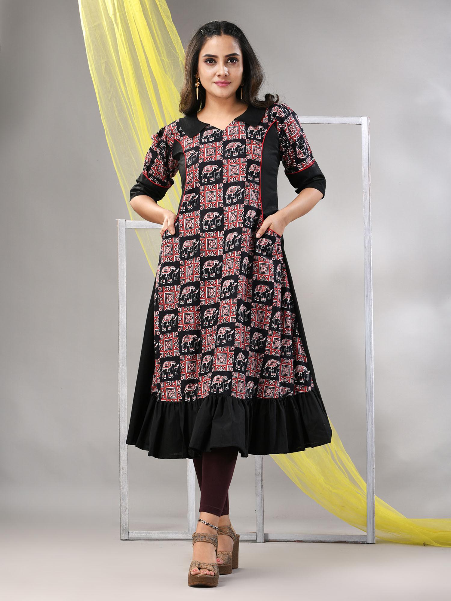 black cotton printed a-line kurta