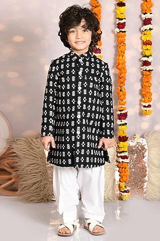 black cotton printed kurta set for boys