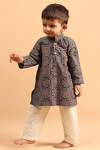 black cotton printed kurta set for boys