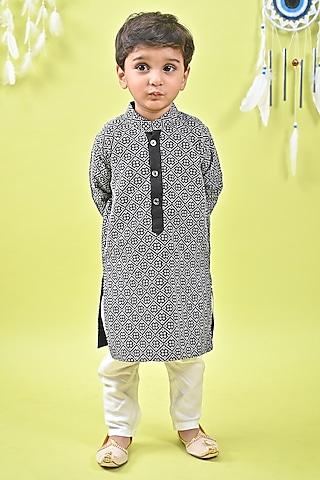 black cotton printed kurta set for boys