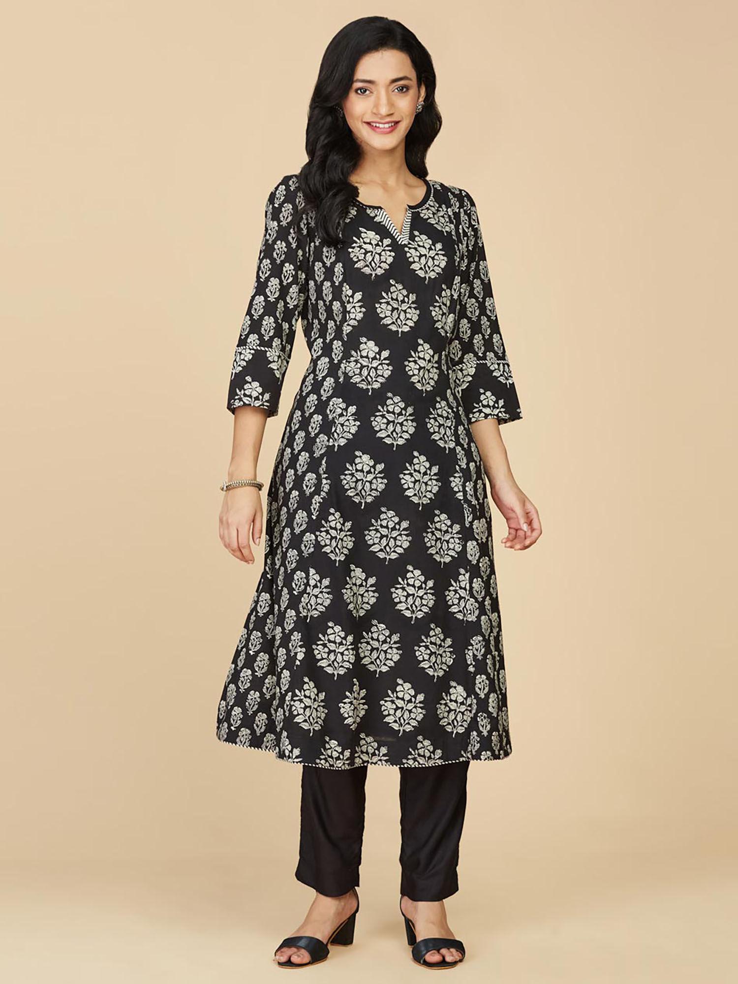 black cotton printed long kurta