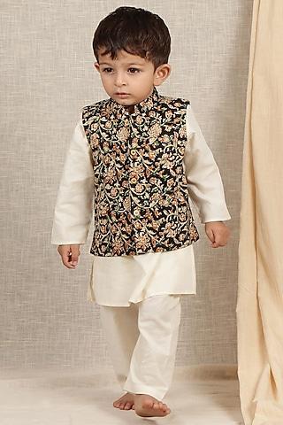 black cotton printed nehru jacket set for boys