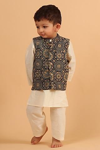 black cotton printed nehru jacket with kurta set for boys