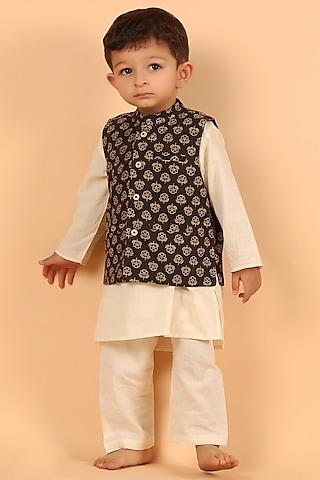 black cotton printed nehru jacket with kurta set for boys