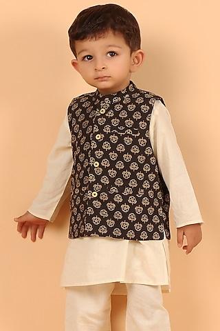 black cotton printed nehru jacket with kurta set for boys