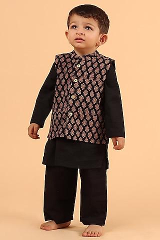 black cotton printed nehru jacket with kurta set for boys