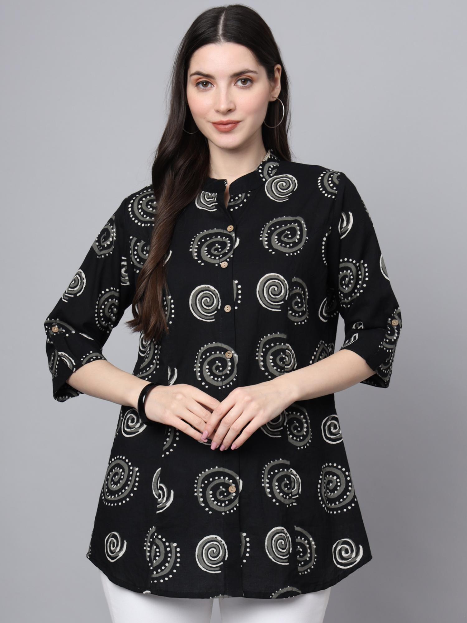 black cotton printed shirt style top