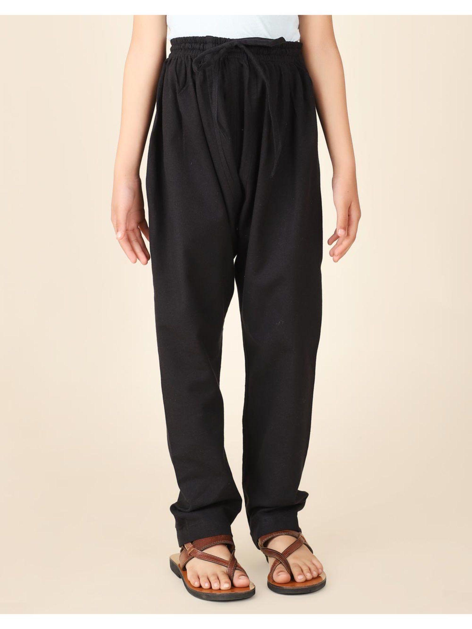 black cotton pyjama with elasticated waistband & drawstring