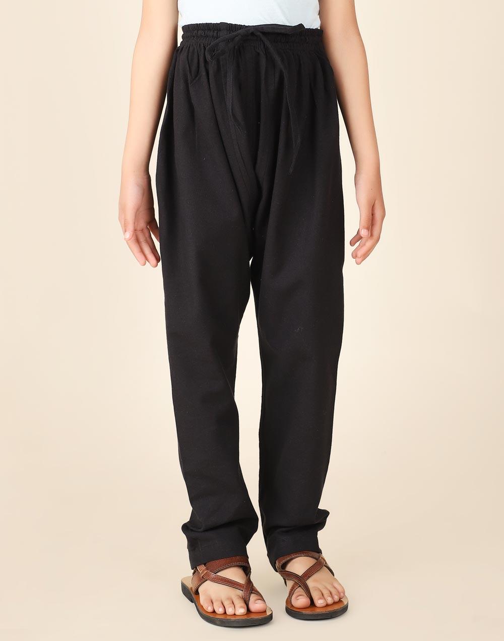 black cotton pyjama with elasticated waistband & drawstring