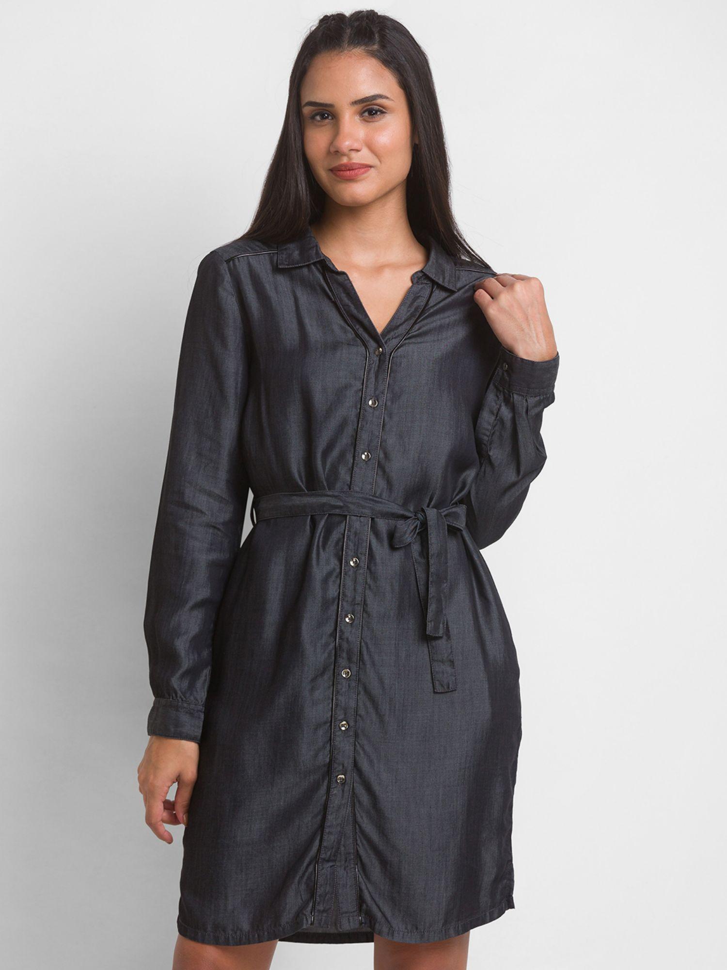 black cotton regular fit denim dress for women