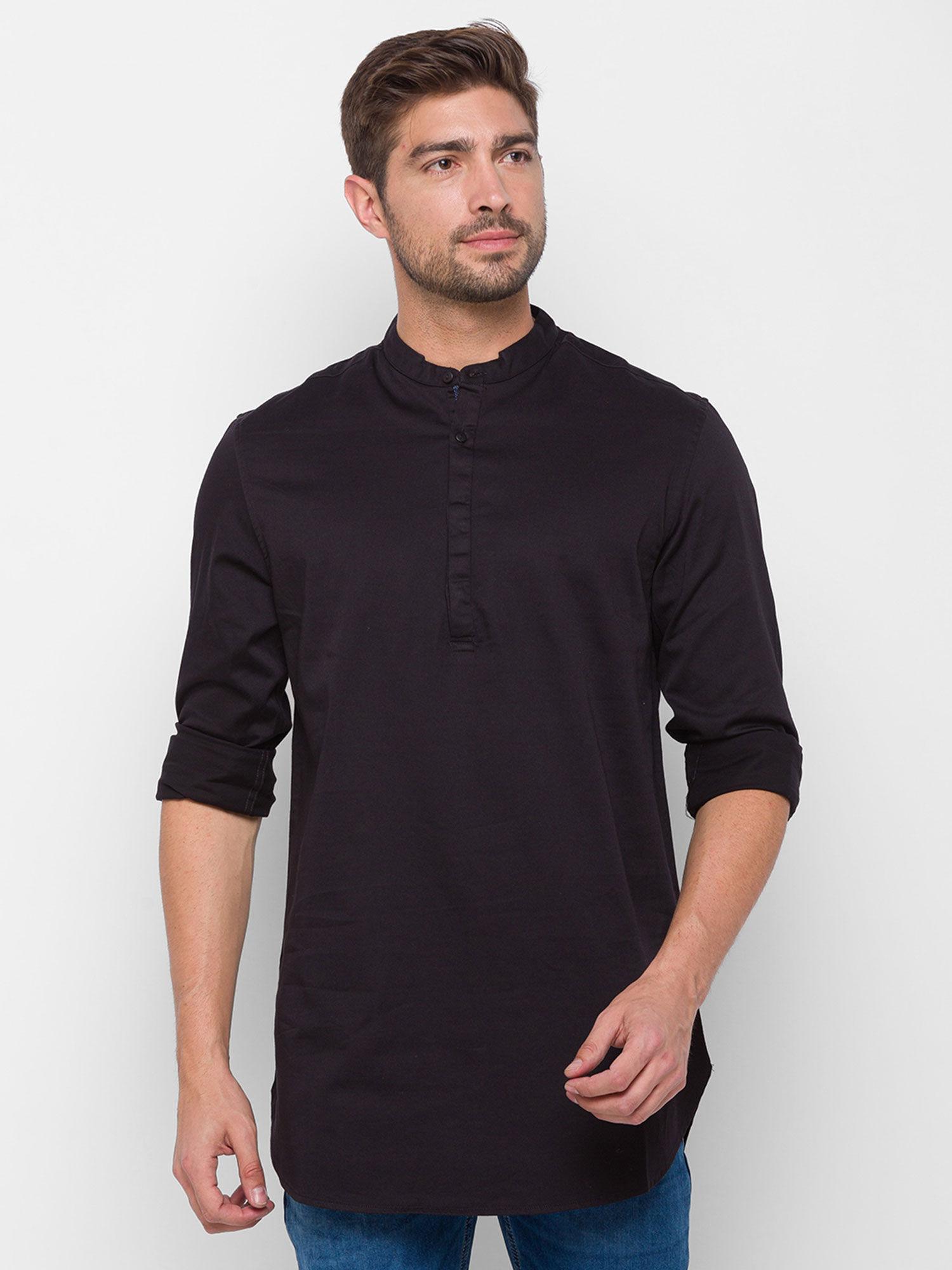 black cotton regular fit kurta for men