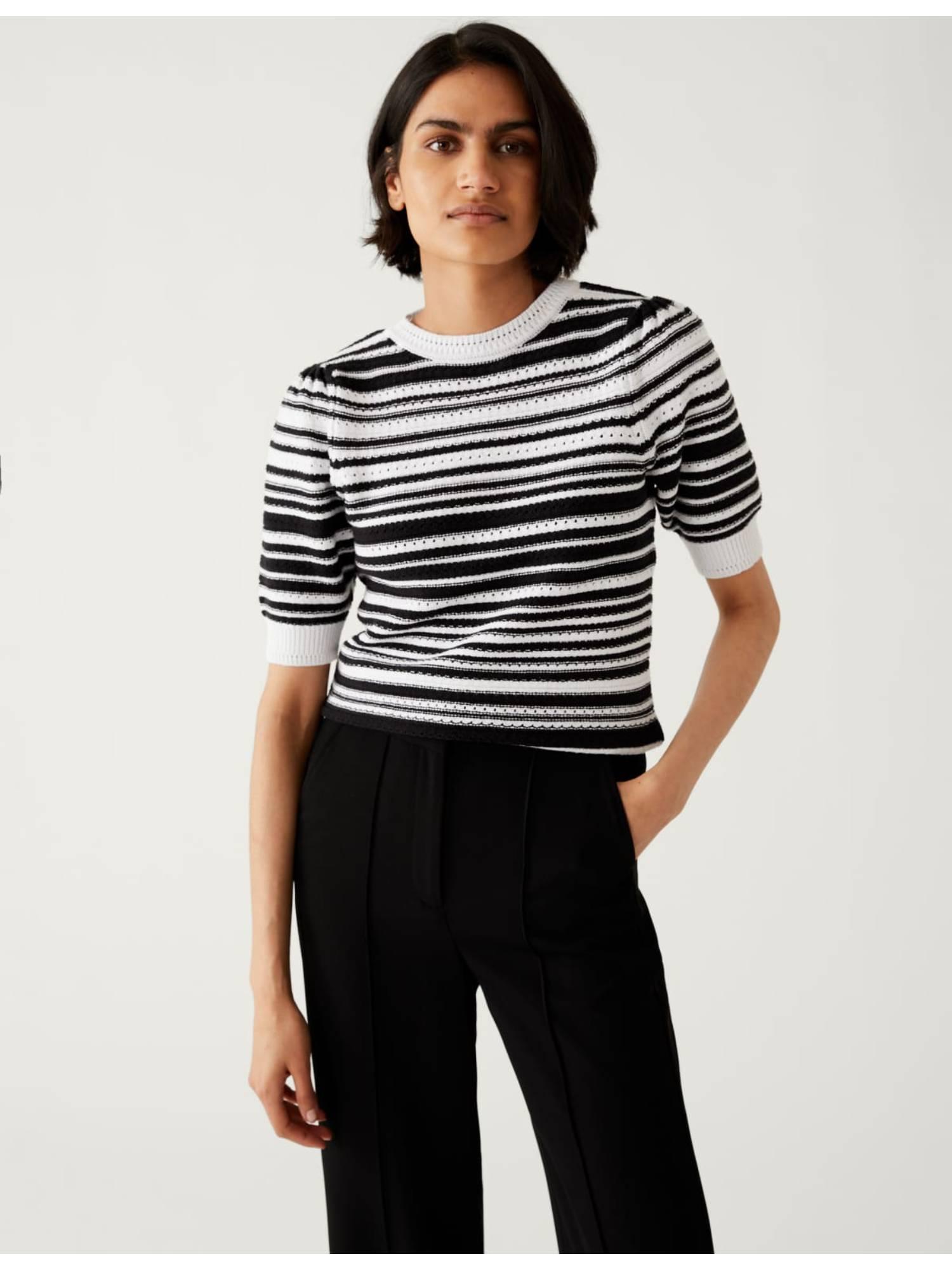 black cotton rich striped crew neck knitted t-shirt