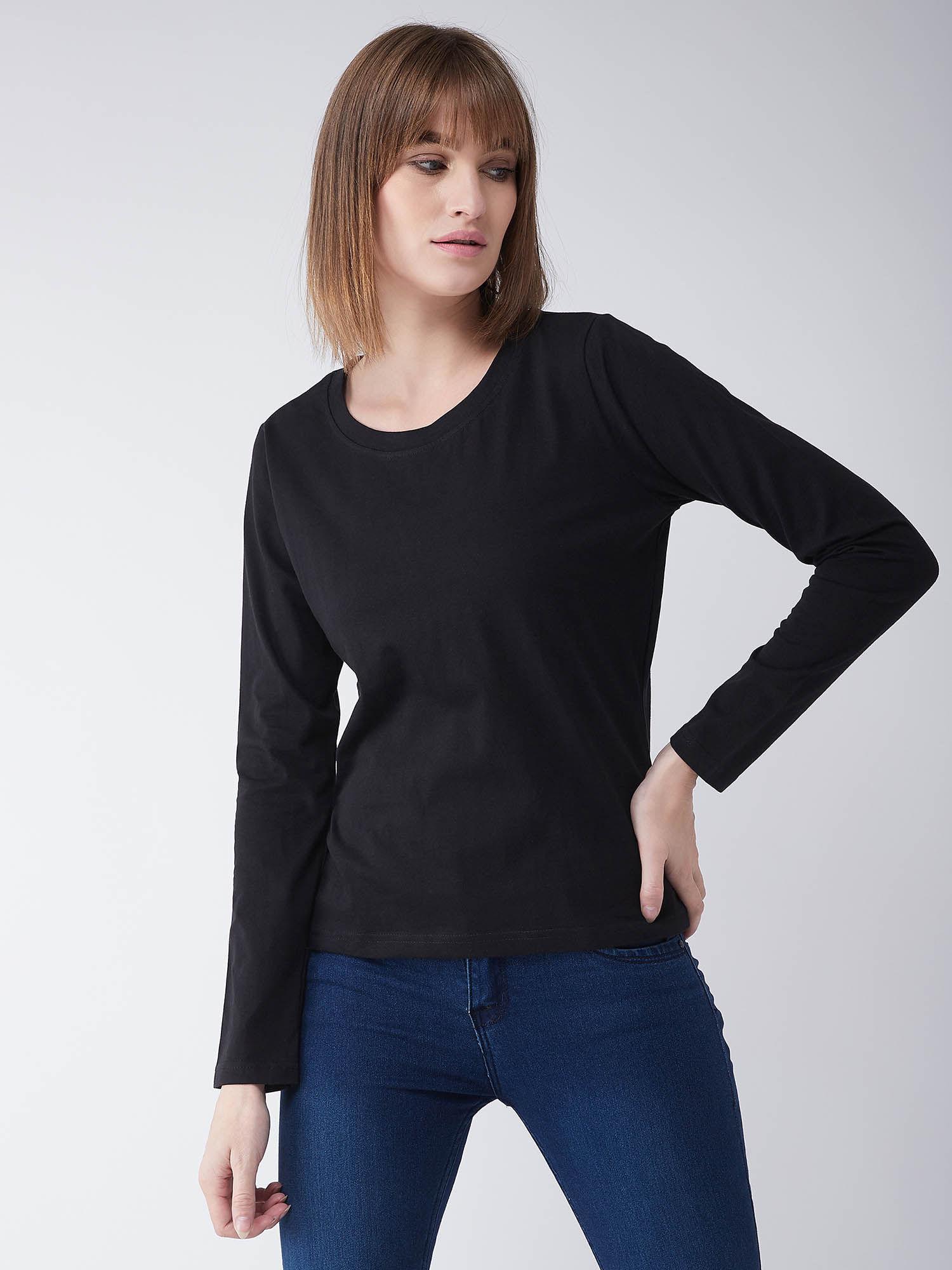 black cotton round neck full sleeves knitted solid basic top