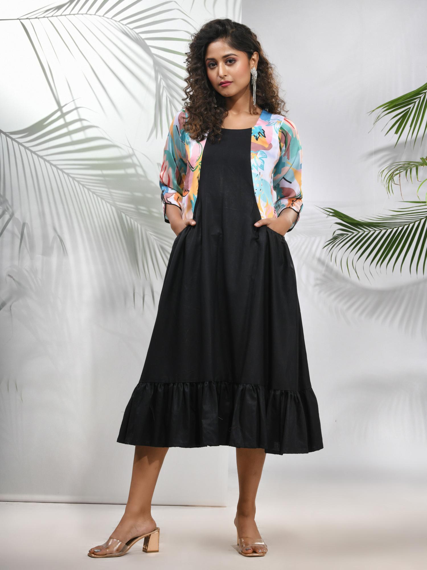 black cotton ruffled ethnic midi dress with printed jacket (set of 2)