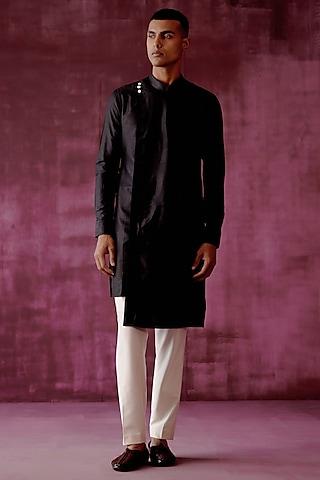 black cotton satin asymmetric kurta set