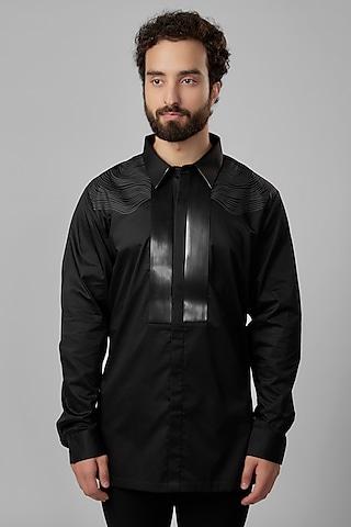 black cotton satin metallic polymer structured shirt