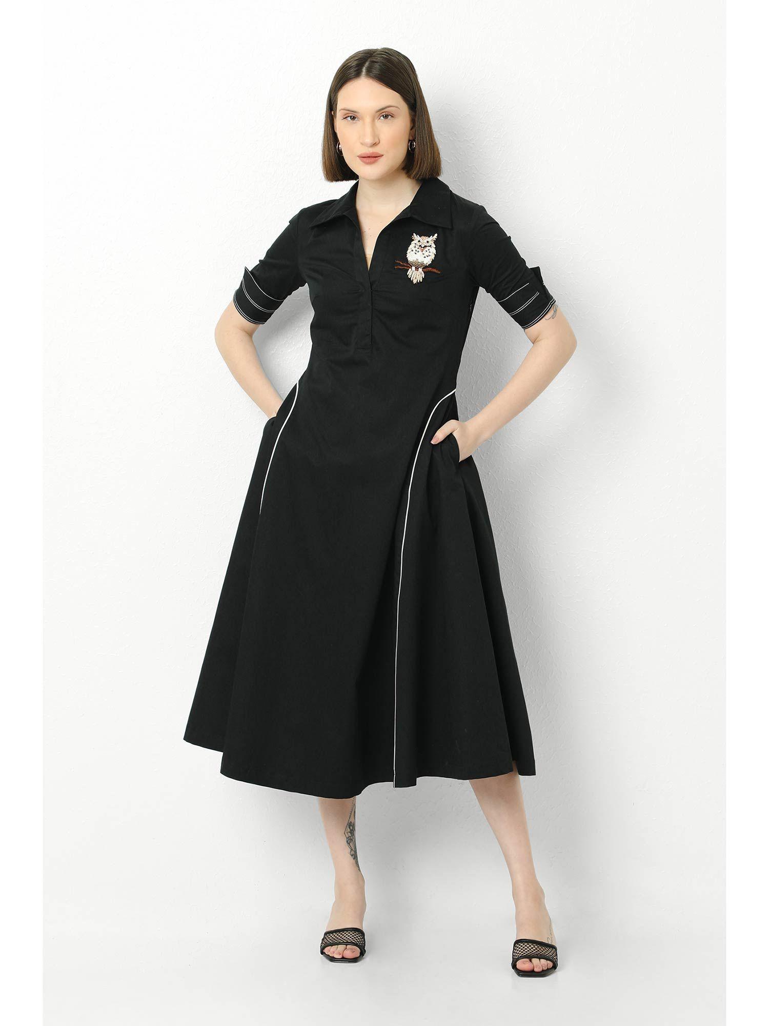 black cotton satin shirt dress with owl embroidery