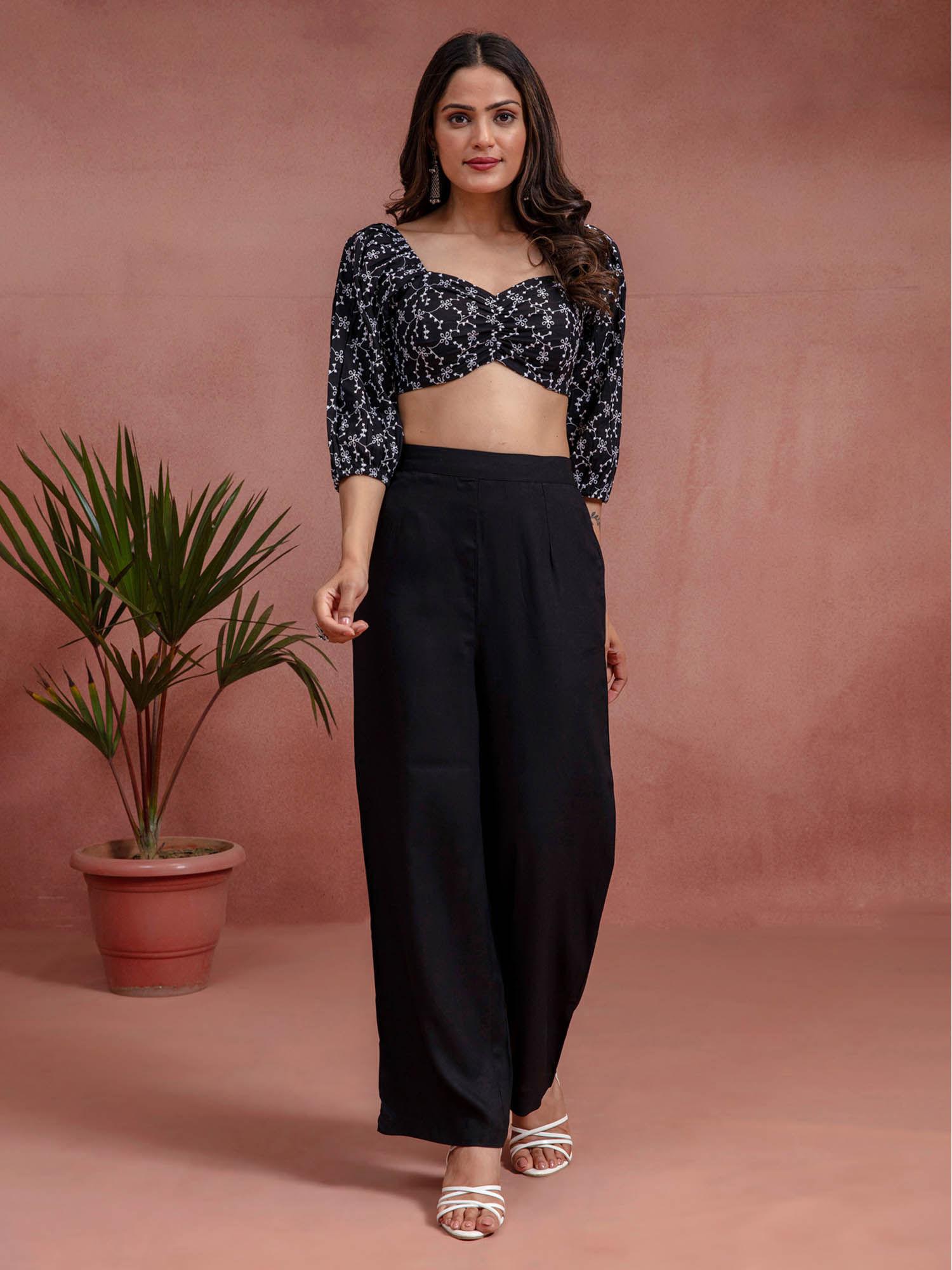 black cotton schiffli crop top co-ord (set of 2)