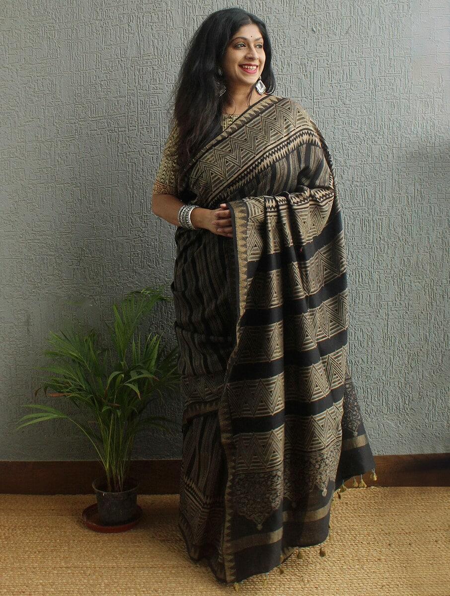 black cotton silk ajrakh saree