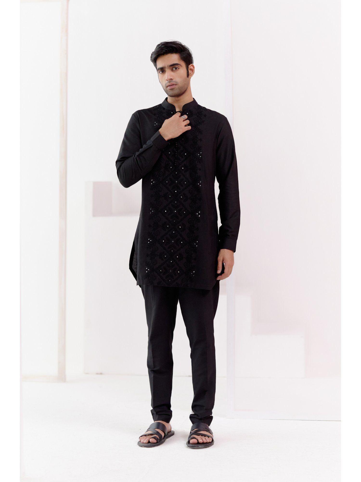 black cotton silk blend fully embroidered kurta (set of 2)