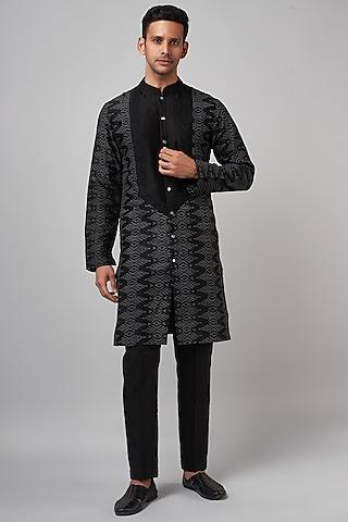 black cotton silk blend printed & embroidered kurta set