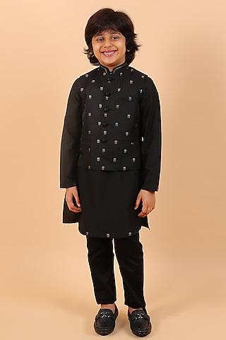 black cotton silk bundi jacket set for boys