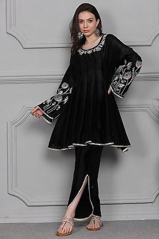black cotton silk chanderi zari embroidered kurta set